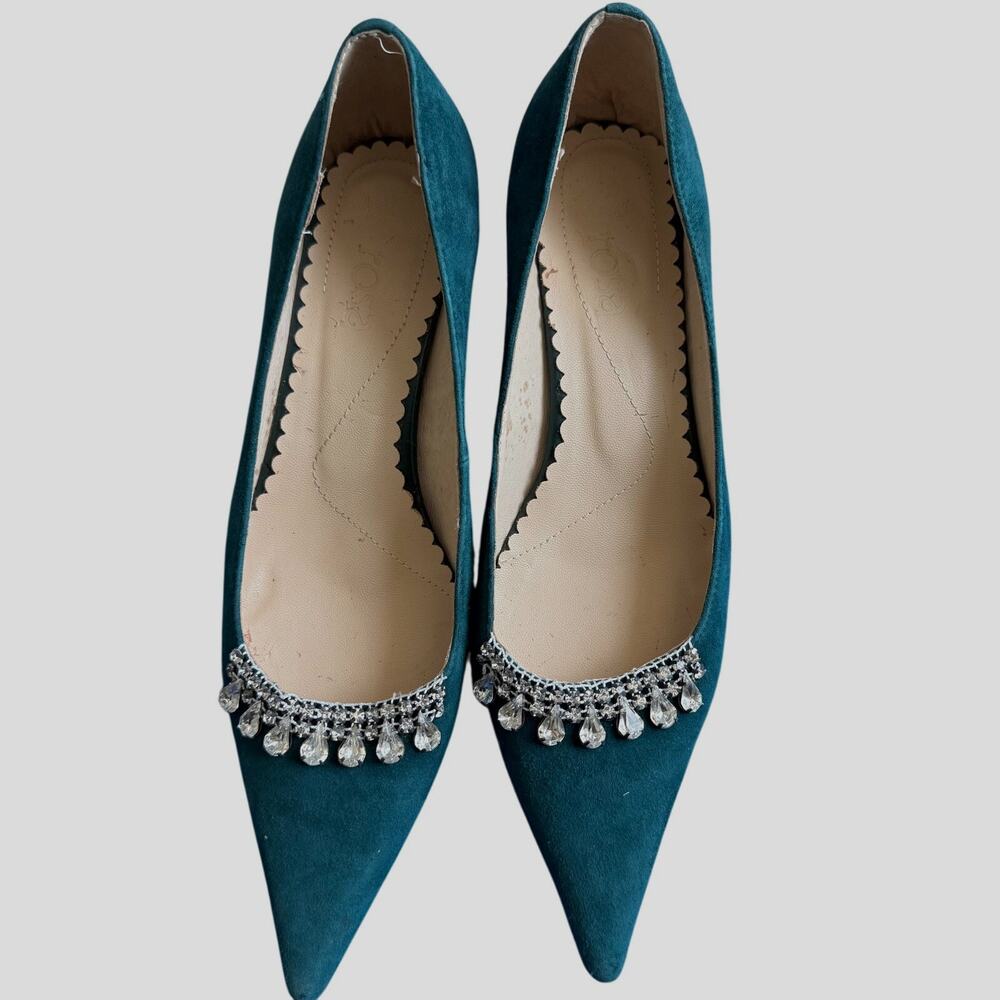Rosa Vintage Teal Green Suede Pointy Toe Kitten Heels Rhinestone Jewel 7US/37EU